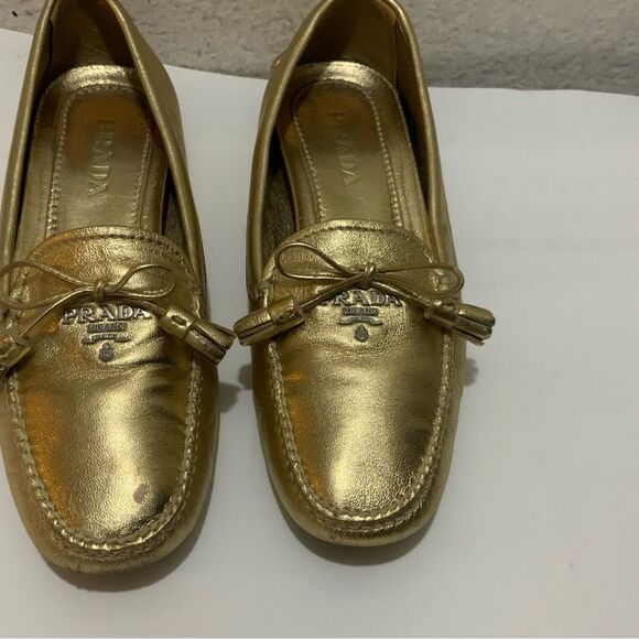 Prada Metallic Gold Leather Bow Slip On Loafers Size 35.5 - Picture 3 of 13